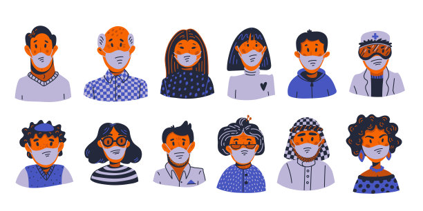 新冠病毒头像：新型冠状病毒，戴医用口罩的人们。病毒传播，疫情。矢量扁平风格插画。图片下载