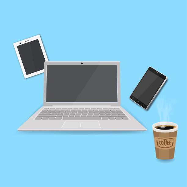 电脑，手机，平板电脑，热咖啡杯。图片下载