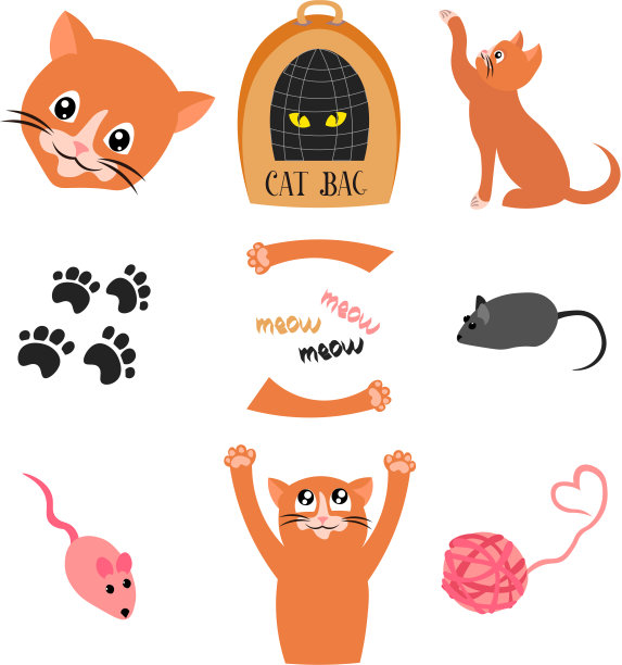 红色的猫。玩具和包。脚印，线团，猫叫声。图片下载