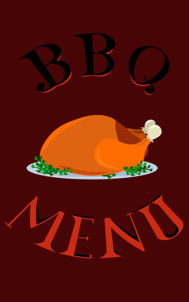 烧烤菜单。红色背景上的熏鸡。刻字。设计菜单，传单，名片和广告。图片下载