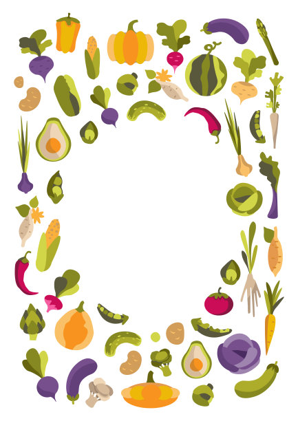矢量设置与彩色扁平蔬菜。椭圆形框架从健康的蔬菜在白色的背景。用于印刷环保产品，适合素食者、园艺师、厨师、健康生活方式图片下载