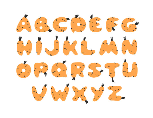 手绘胡萝卜ABC和单词。卡通矢量插图蔬菜字体。平画素菜。实际的创意素食艺术工作图片下载