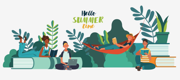 年轻人在公园里看书。夏天的风景背景。假期时间。回到学校，学习，学习，知识和教育矢量的概念图片下载