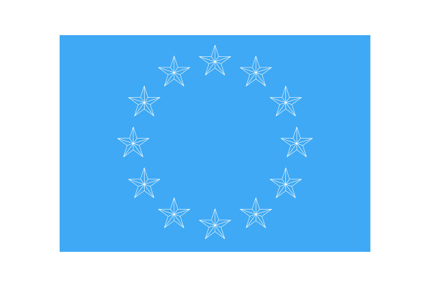 欧元国旗。矢量十二欧洲轮廓形状星星图标孤立在蓝色背景。欧盟的会徽的天空。图片下载