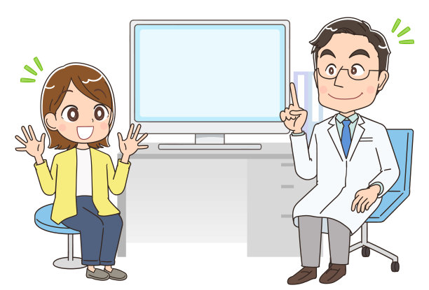 一位穿白大褂的医生正在检查一位妇女。他们之间有一张桌子和一台电脑。图片下载