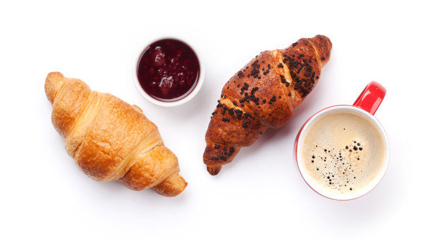 早餐，咖啡和羊角面包图片下载