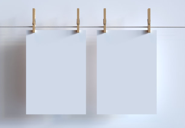 两个A4大小的海报模型挂在晾衣绳上的衣夹。3d渲染。图片下载