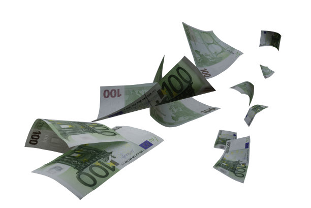 大量100欧元纸币在空中坠落。高细节图像上的白色背景图片下载