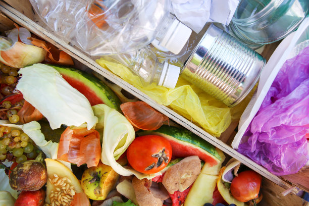 不同的垃圾。垃圾分类:铁、纸、塑料、生活垃圾、果蔬堆肥。图片下载