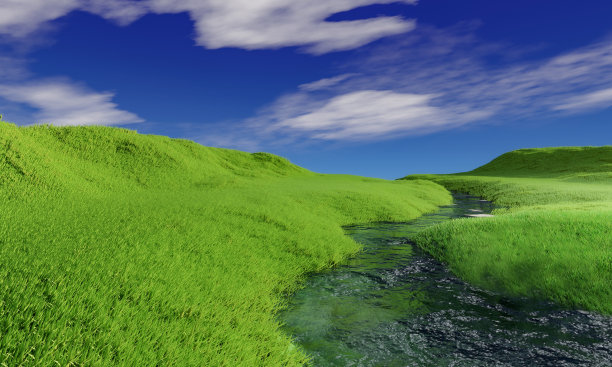 蓝天和美丽的云与草甸树。平原景观背景的夏季海报。假日最好的风景。绿色的草地和蓝天白云的图片图片下载