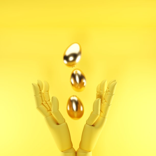 金色的生鸡蛋漂浮在黄色的背景和黄色的人物手。最小的复活节彩蛋概念。三维渲染图片下载