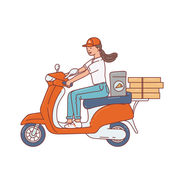 送餐快递-女孩在摩托车上，素描矢量插图孤立。图片下载