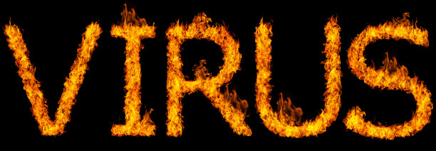 为疾病、医疗保健和计算机程序使用目的，以黑色背景隔离的燃烧字体的病毒字图片下载