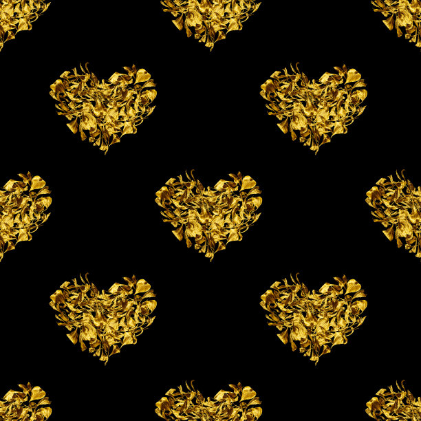 无缝图案的黄金心花瓣在黑色背景孤立，黄金闪亮的心形重复点缀，豪华墙纸，爱情标牌打印，复古设计，装饰背景图片下载
