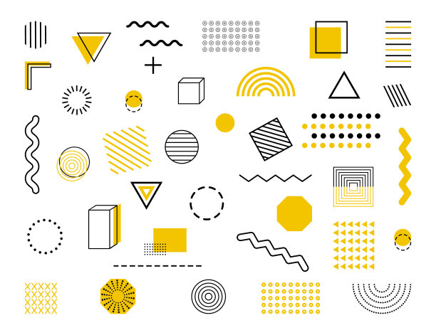 几何图形集。不同形状，线条用抽象图形设计，点缀时尚。现代海报纹理杂志，艺术，传单，广告牌。潮人风格墙纸。向量素材图片