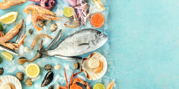 鱼和海鲜全景复制空间。海鲷。虾，对虾，沙丁鱼，扇贝和贻贝，从上面拍摄图片下载
