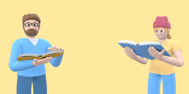 潮男和潮女的集体照，人物和书。有趣，抽象的卡通概念文学爱好者。3 d渲染。图片下载