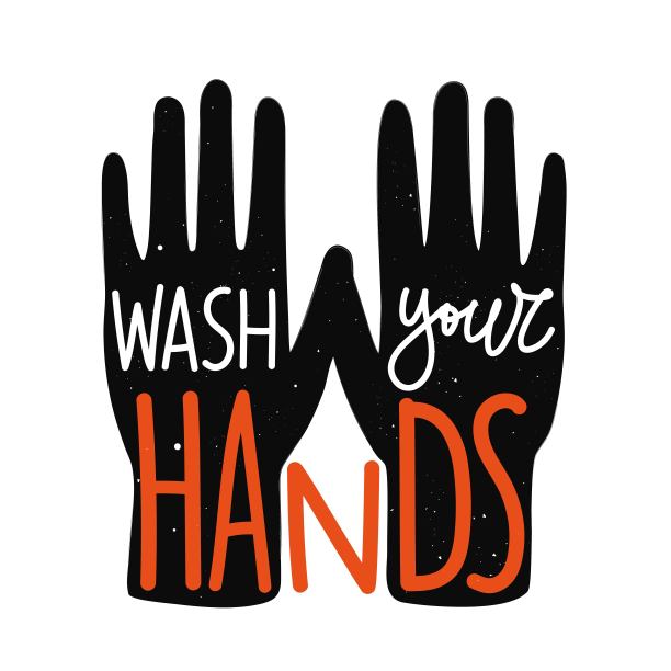 矢量插图与黑色剪影的人的胳膊和字母文本。洗你的手。图片下载
