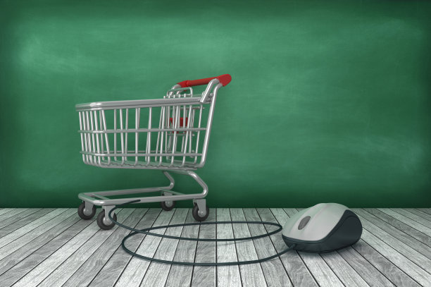 购物车与电脑鼠标在黑板上- 3D渲染图片下载