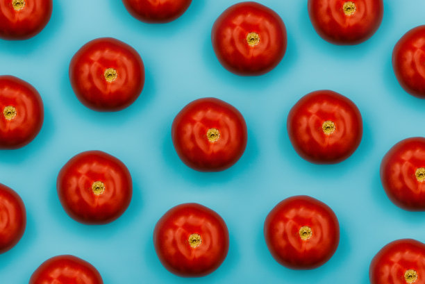 蓝色背景上的红色番茄。五颜六色的蔬菜图案。图片下载
