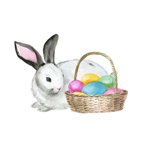 复活节兔子与复活节彩蛋篮子，水彩画在白色的背景图片下载