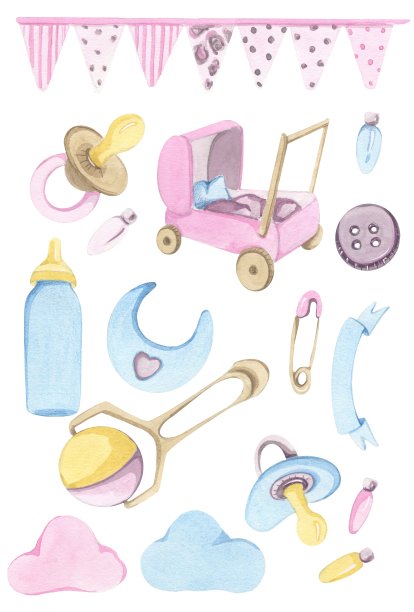 宝贝女儿，粉色和蓝色风格的东西和玩具。素材图片