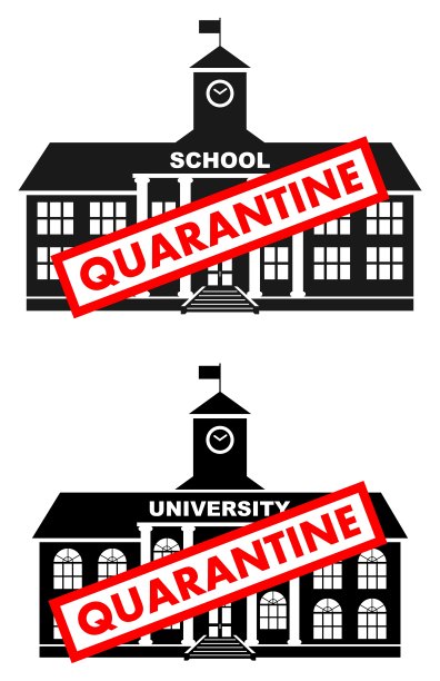 病毒的概念。隔离标志上的背景是古典的学校建筑，大学、学院隔离在白色的背景上。横幅、背景、图标。矢量插图。图片下载