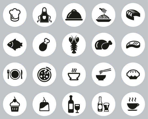 午餐或餐厅午餐图标黑白平面设计圈设置大图片下载