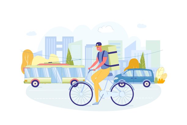 骑着自行车背着大袋子的快递员。图片下载