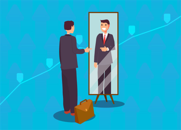 商人站在镜子前自我激励事业的发展。经营理念。成功的反映。矢量图图片下载