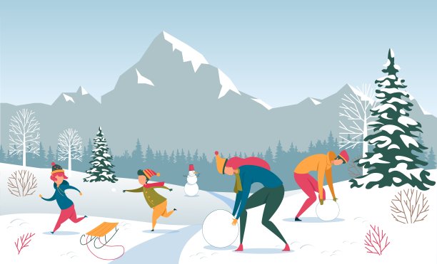 家庭冬季户外乐趣在森林度假图片下载