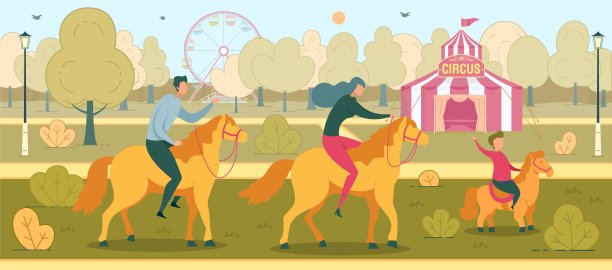 快乐的家庭和孩子在游乐园骑马图片下载