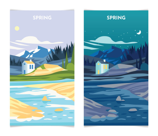 春日山水日日夜夜。春季横幅设置模板矢量插图图片下载