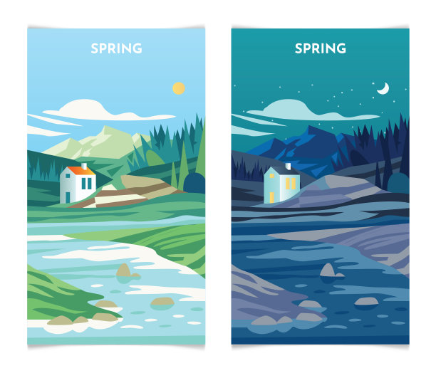 春日山水日日夜夜。春季横幅设置模板矢量插图图片下载