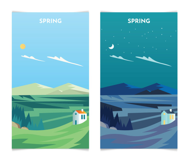 春日山水日日夜夜。春季横幅设置模板矢量插图素材图片