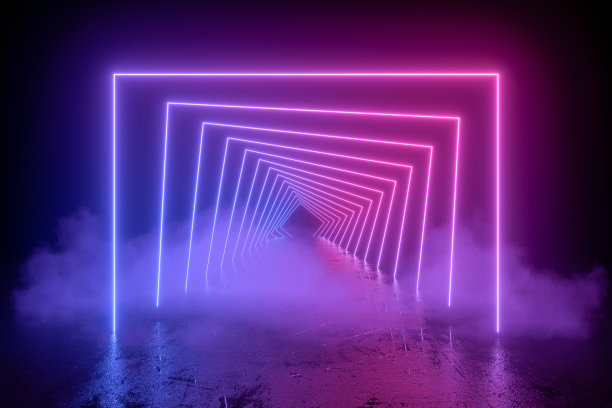 3d抽象背景与紫外线霓虹灯，空框架，宇宙景观，发光隧道门与烟雾图片下载