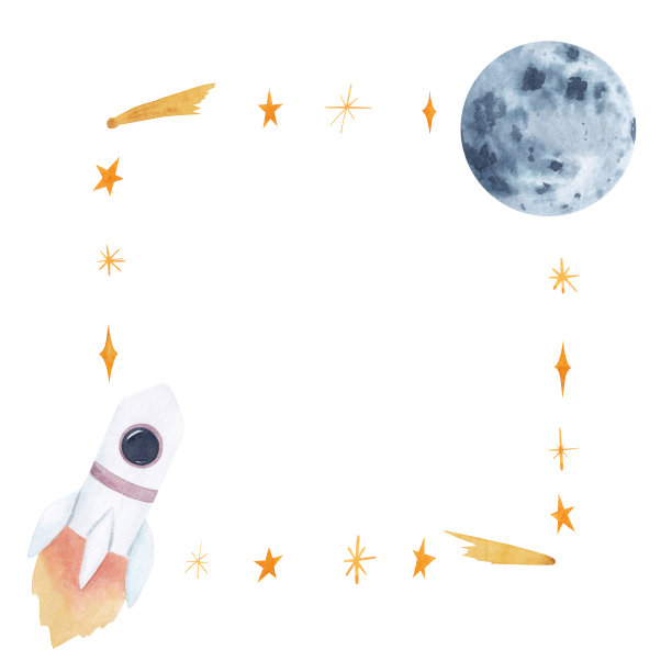 水彩手绘方形框架与火箭，星星和月亮，设计元素与复制空间图片下载