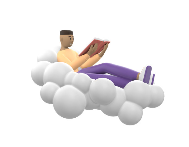 年轻开朗的非洲人在天空中的云上看书。文学迷以随意的彩色衣服孤立在白色的背景上。有趣、抽象的卡通人物。3 d渲染。图片下载