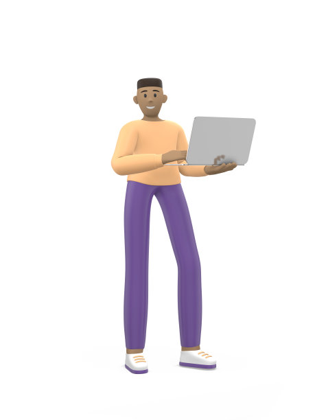 一个年轻开朗的非洲人站在一台笔记本电脑上。积极的角色在休闲彩色衣服孤立在白色的背景。有趣的，抽象的卡通人物。3 d渲染。图片下载