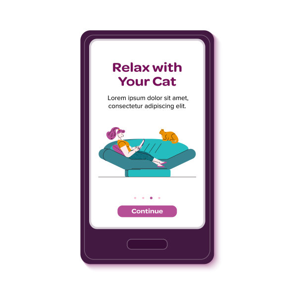 放松与你的猫-移动应用程序屏幕上的女人在沙发上与宠物图片下载