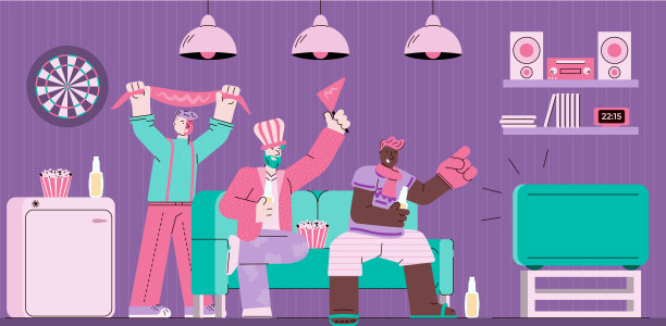 体育迷们在沙发上看电视，一群穿着扇子的卡通人图片下载