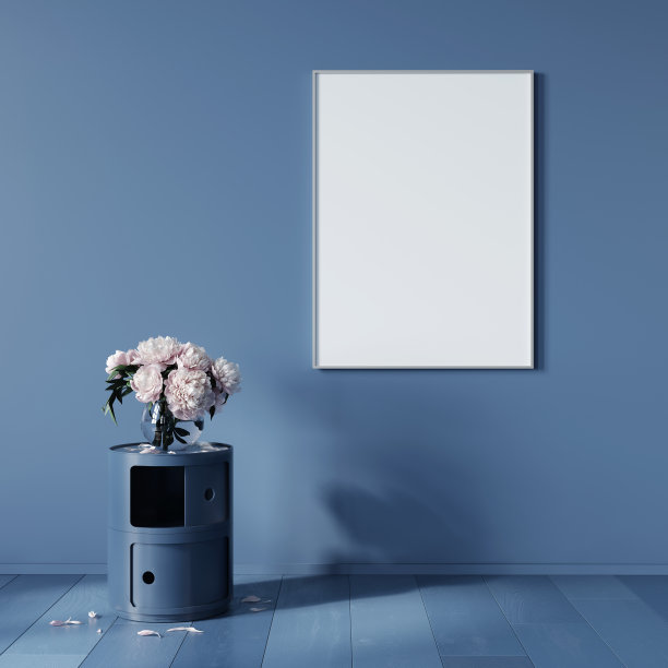 在一个时尚的床头柜上用蓝色的花朵模拟室内图片下载