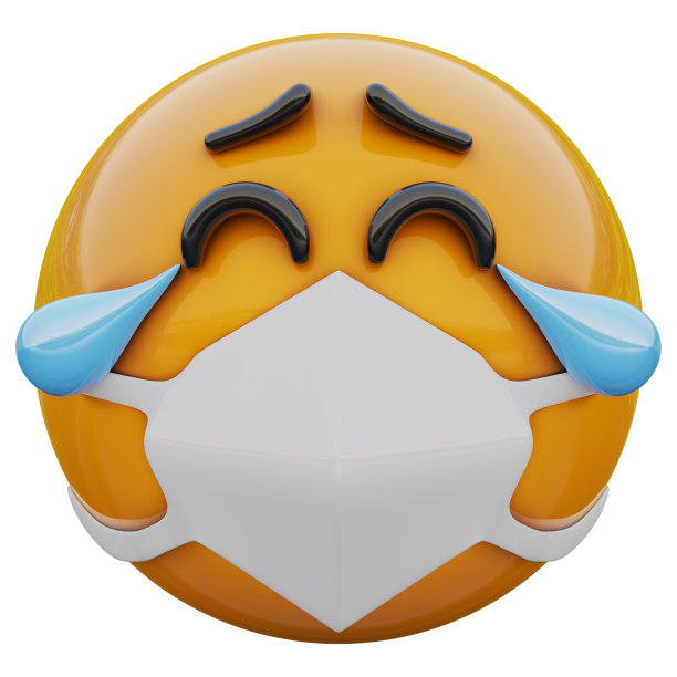 3D渲染的喜悦之泪黄色表情脸的医疗口罩，保护免受新型冠状病毒2019-nCoV图片下载
