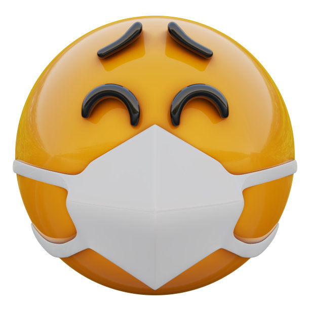 D在防护新型冠状病毒2019-nCoV的医用口罩中，快乐的母狗请黄色表情脸的渲染图片下载