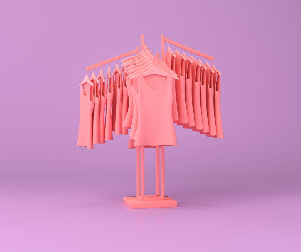 女式布架、商店货架、商店衣架和衣服架在紫色和粉红色的平面上，单色背景，3d渲染图片下载