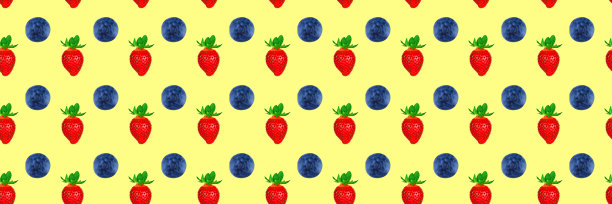 无缝模式的草莓和蓝莓孤立在黄色的背景。创新食品的概念图片下载