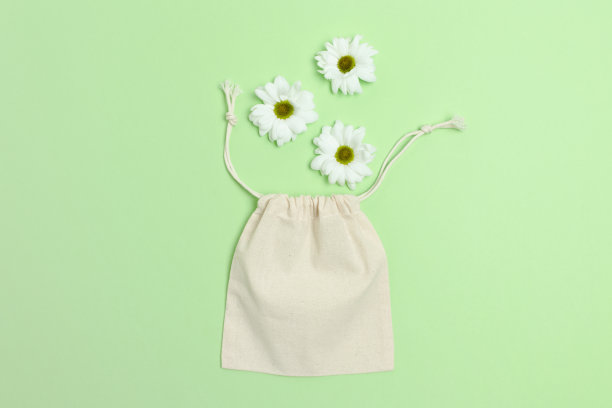 白色洋甘菊花和帆布袋在绿色的背景。塑料自由概念。图片下载