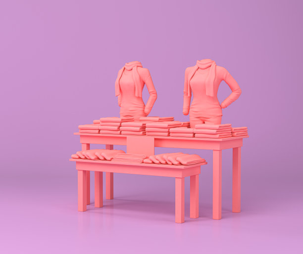 女式布架、商店货架、商店摊位以紫色和粉红色为平，单色背景，3d渲染图片下载