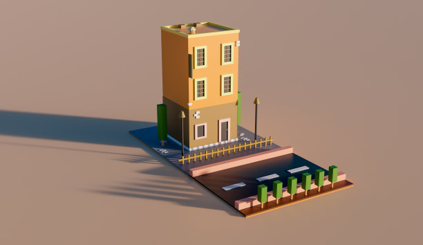 一个美丽的公寓的3D插图与人行道，道路和路灯在不错的社区。3 d渲染。图片下载