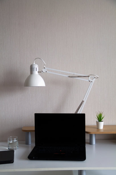 现代办公室内。白色的台灯和一株小植物，一杯水和黑色的笔记本电脑放在白色的桌子上。桌面的组织。垂直方向图片下载